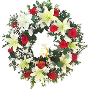 Corona Fúnebre con 10 Rosas, 8 Gerberas y 8 Liliums