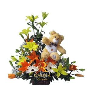 Canasta con 8 Ramas de Liliums Amarillos y Naranjas  Peluche