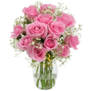 Florero Romántico con 12 Rosas Rosadas