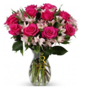 Florero de 10 Rosas Rosadas y Astromelias