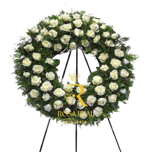 Corona de 50 rosas blancas con atril para ceremonias y homenajes, con entrega en Santiago