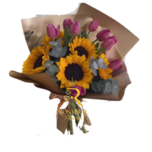 Ramo de 10 girasoles y 10 tulipanes con envoltorio elegante