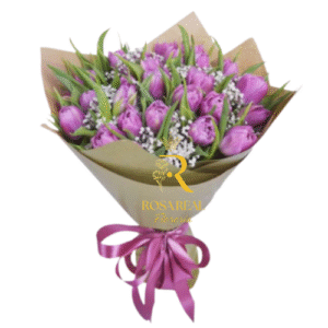Ramo de 20 tulipanes morados con gypsophila