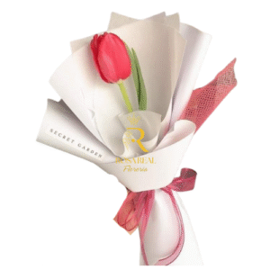 Ramo sencillo de un tulipán rojo con envoltorio blanco y cinta roja