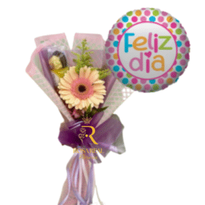 Ramo de una gerbera con chocolates y globo pequeño