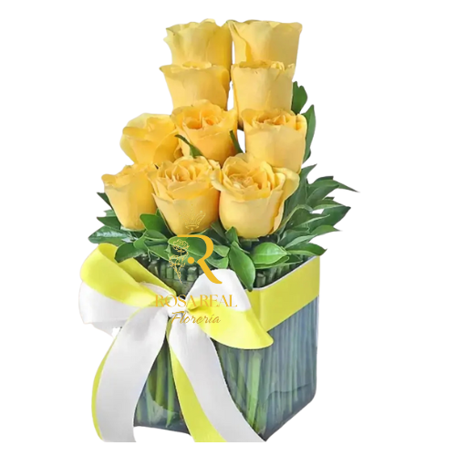 Box de 9 rosas amarillas frescas en caja decorativa - Rosa Real Florería