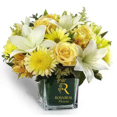 Cubo de flores surtidas con rosas, lilium y margaritas amarillas – Rosa Real