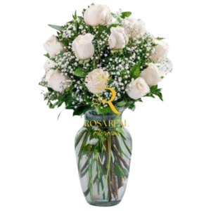 Florero de 12 rosas blancas elegantes para regalo.