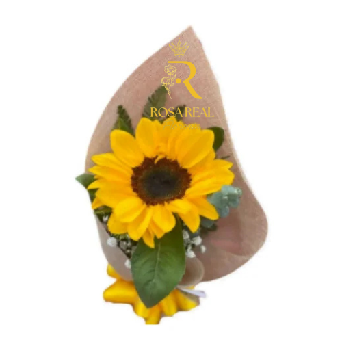 Ramo de 1 girasol fresco con follaje delicado, arreglo alegre y elegante.