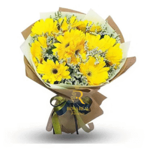 Ramo de 10 gerberas amarillas frescas con follaje verde – Rosa Real