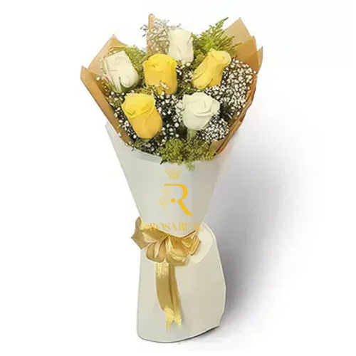 Ramo de 6 rosas amarillas y blancas frescas