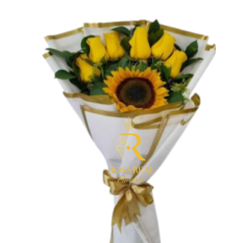 Ramo de 6 rosas frescas con un girasol radiante
