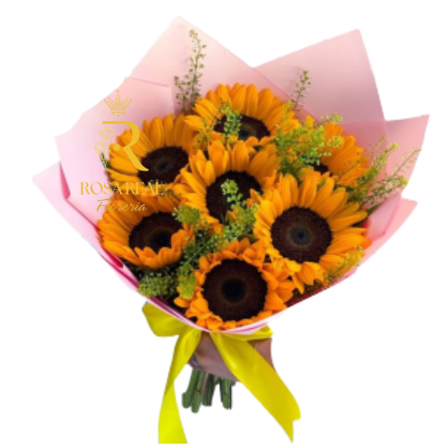 Ramo de 7 girasoles frescos con follaje verde, arreglo alegre y vibrante para regalar.