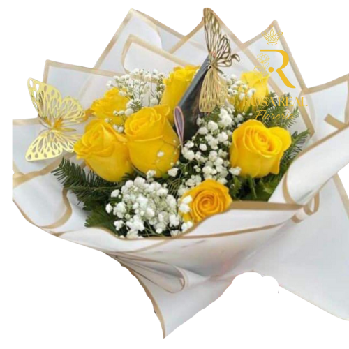 Ramo de 7 rosas amarillas frescas con follaje verde