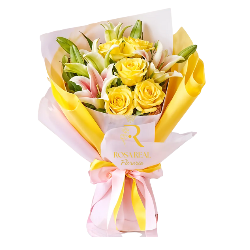 Ramo de rosas amarillas y lilium frescos en envoltorio decorativo - Rosa Real Florería