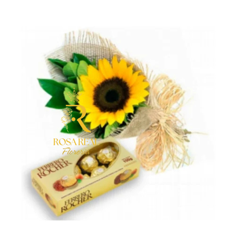 Ramo de un girasol envuelto en arpillera con follaje delicado y acompañado de una caja de chocolates Ferrero Rocher.