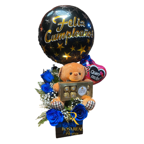 Box de 5 rosas azules y chocolate elegante de RosaReal con despacho a domicilio en Santiago