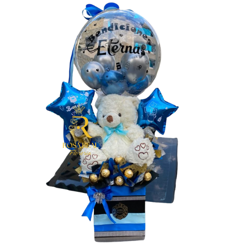 Box de Peluche suave, chocolates Ferrero Rocher y globo burbuja decorativo, presentado en envoltura elegante con tarjeta personalizada – regalo de Rosas Real.