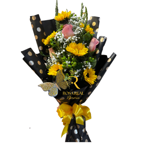 Ramo de 3 rosas rojas y 6 girasoles frescos con follaje decorativo