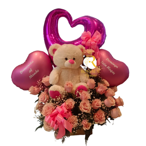 Arreglo de nacimiento de 24 rosas y peluche