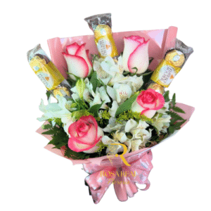 Ramo de cuatro rosas con nueve chocolates Ferrero Rocher