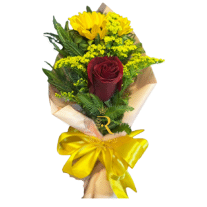 Ramo de una rosa y un girasol envuelto en delicado follaje