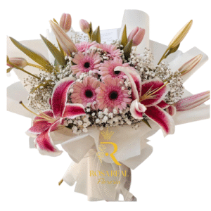 Ramo de 4 tulipanes, 6 gerberas y 6 lilium con envoltura elegante
