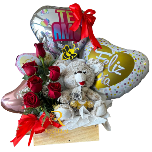 Caja de madera con peluche de 30 cm y seis rosas