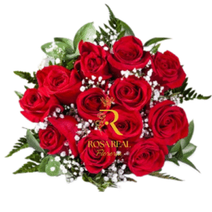 Ramo de 12 rosas rojas frescas con envoltura elegante y follaje verde decorativo