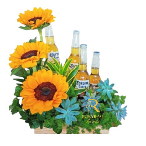 Base de madera con girasoles y cervezas en presentación elegante