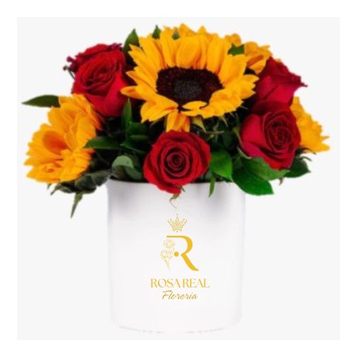 Box de rosas y girasoles con 6 rosas y 6 girasoles