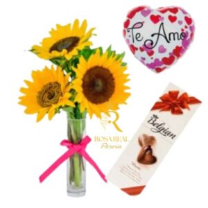 Florero de girasoles con chocolate y globo decorativo