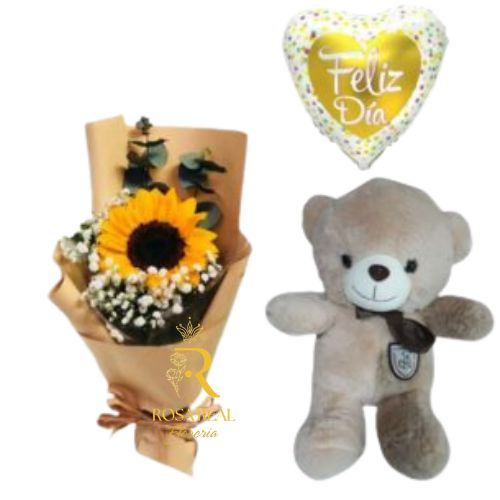 Ramo de girasol con peluche y globo decorativo