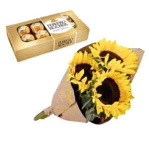 Ramo de girasoles con chocolate en presentación elegante