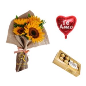 Ramo de girasoles con chocolate y globo en presentación elegante