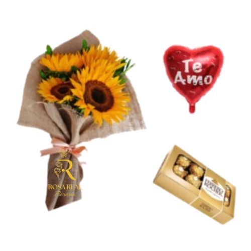 Ramo de girasoles con chocolate y globo en presentación elegante