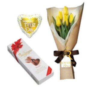 Ramo de tulipanes con chocolate y globo decorativo