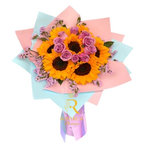 Ramo de 8 girasoles y 10 rosadas con envoltura elegante