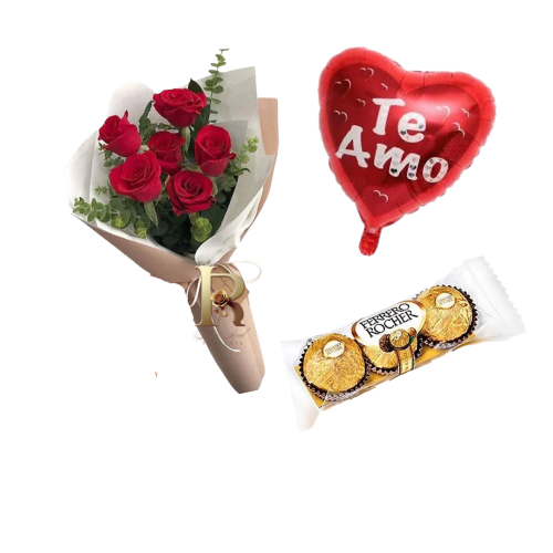 Combo Cyber de 6 rosas rojas con globo Te Amo y chocolates Ferrero Rocher