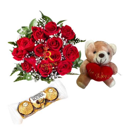 Combo cyber de 12 rosas rojas con peluche de 10 cm y chocolates Ferrero de 3 unidades