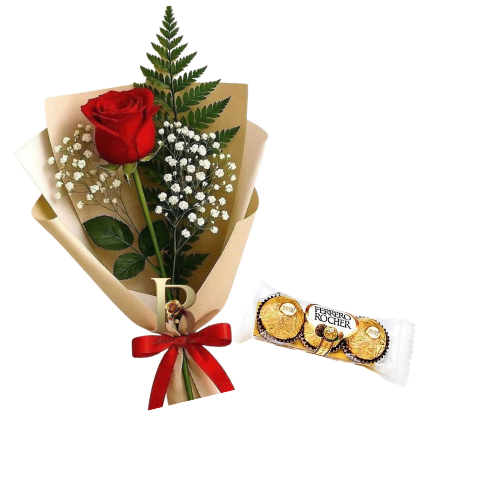 Combo de una rosa roja con gypsophila y chocolate Ferrero de 3 unidades