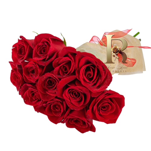 Ramo de 12 rosas rojas envueltas en delicado papel coreano elegante