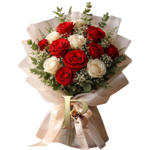 Ramo de 15 rosas blancas y rojas con gypsophila y eucalipto decorativo