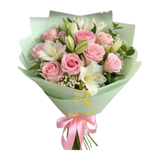 Ramo de 8 rosas y 5 lilium – Elegancia floral en tonos delicados