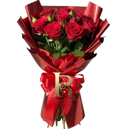 Ramo de 8 rosas rojas envueltas en delicado papel coreano elegante