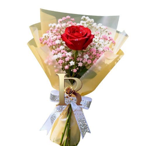 Ramo de una rosa roja con gypsophila rosada y envoltura elegante