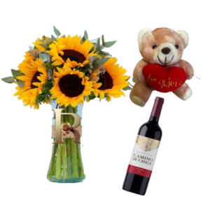 Combo primavera especial con florero de girasoles peluche te quiero y vino tinto en Santiago - Rosa Real