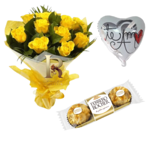 Combo primavera con ramo de 12 rosas amarillas chocolates Ferrero Rocher y globo Te Amo