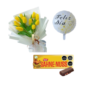 Combo Primavera 8 con ramo de 10 tulipanes amarillos, globo Feliz Día y chocolate Sahne-Nuss.