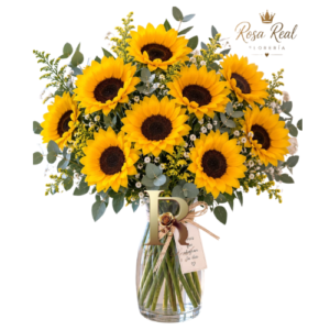 Florero de vidrio con 10 girasoles grandes, eucalipto y follaje de regalo